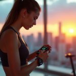 "Transforming Data into Fitness Results with Cutting-Edge Gadgets" "A young fitness enthusiast stands in front of a cityscape at sunrise, wearing a sleek black sports watch and holding a smart scale, with various high-tech gadgets in the background."