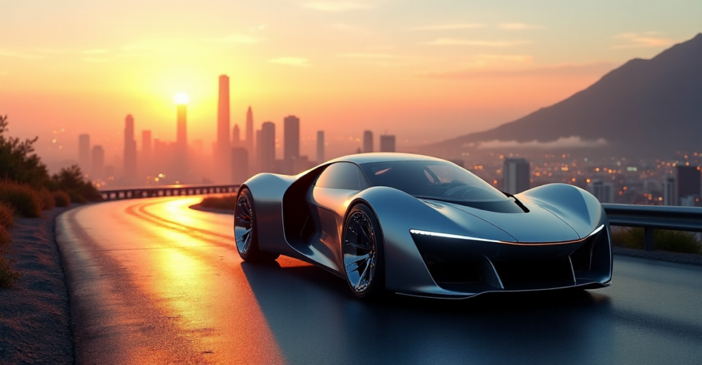 "A sleek silver car with gull-wing doors parked on a winding road overlooking a cityscape at sunset, highlighting top tech innovations including top 5G connectivity gadgets."