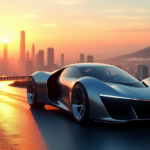 "A sleek silver car with gull-wing doors parked on a winding road overlooking a cityscape at sunset, highlighting top tech innovations including top 5G connectivity gadgets."