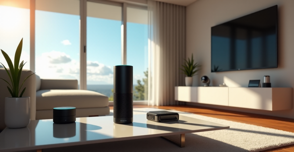 "A modern living room with a smart speaker, wireless charging pad, thermostat, and security camera, showcasing top gadgets for a smarter living amidst natural light and minimalist decor."