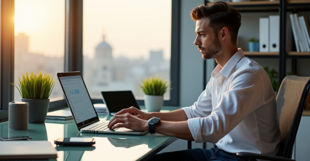A young professional sits at a glass desk with cutting-edge tech tools, poised to work efficiently amidst a calm office environment.
