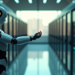 "Unlock Efficient Resource Management with AI Automation Solutions" "A futuristic data center with an AI-powered robotic arm managing server racks under soft blue-green LED lighting, conveying serenity and efficiency in resource management."