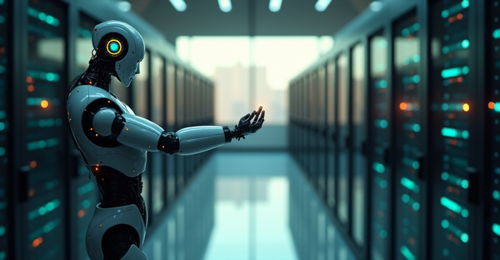 "A futuristic data center with an AI-powered robotic arm managing server racks under soft blue-green LED lighting, conveying serenity and efficiency in resource management."