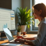 "Maximize Productivity with Smart Tools and Apps That Work for You" "A young woman sits at a wooden desk with a 4K monitor displaying productivity apps, working on her laptop amidst lush greenery, exuding confidence and focus."