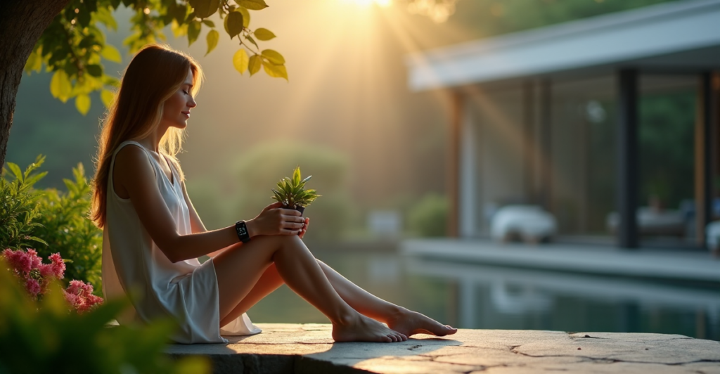 "A serene woman sits on a natural stone bench amidst lush greenery, holding a smartwatch and potted plant, surrounded by soft golden light and modern technology in harmony with nature."