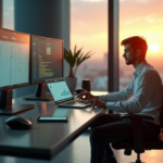 "Maximize Office Efficiency with Cutting-Edge Tech That Simplifies Your Workflow" "A young professional sits confidently at a sleek glass desk, surrounded by cutting-edge technology, with a serene cityscape view behind them."