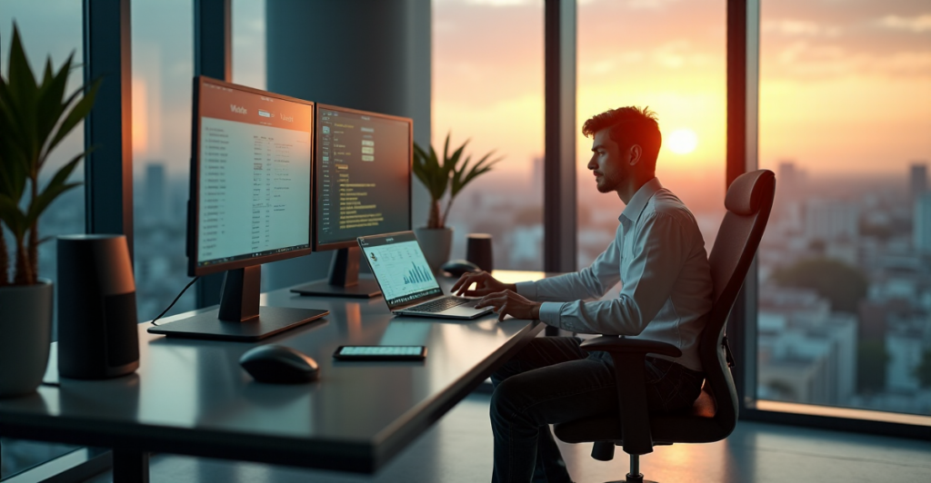 "A young professional sits confidently at a sleek glass desk, surrounded by cutting-edge technology, with a serene cityscape view behind them."