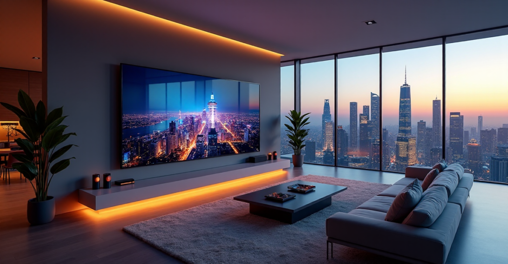"A luxurious living room featuring an 85-inch 8K smart TV with AI automation devices, bathed in warm golden hour light through floor-to-ceiling windows showcasing a cityscape at dusk."