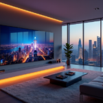 "A luxurious living room featuring an 85-inch 8K smart TV with AI automation devices, bathed in warm golden hour light through floor-to-ceiling windows showcasing a cityscape at dusk."