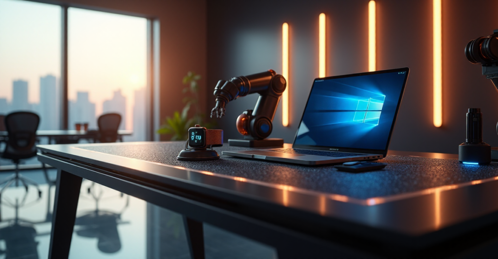 "A futuristic workspace featuring a sleek desk with cutting-edge gadgets, including a 5G-enabled smartwatch, AI-powered laptop, and robotic arms handling microchips, showcasing top 5G connectivity innovations."