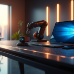 "A futuristic workspace featuring a sleek desk with cutting-edge gadgets, including a 5G-enabled smartwatch, AI-powered laptop, and robotic arms handling microchips, showcasing top 5G connectivity innovations."