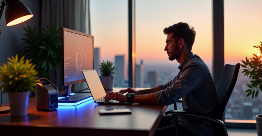 "Image of a modern home office setup featuring top 5G connectivity gadgets, a young professional surrounded by cutting-edge technology."