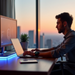 "Image of a modern home office setup featuring top 5G connectivity gadgets, a young professional surrounded by cutting-edge technology."