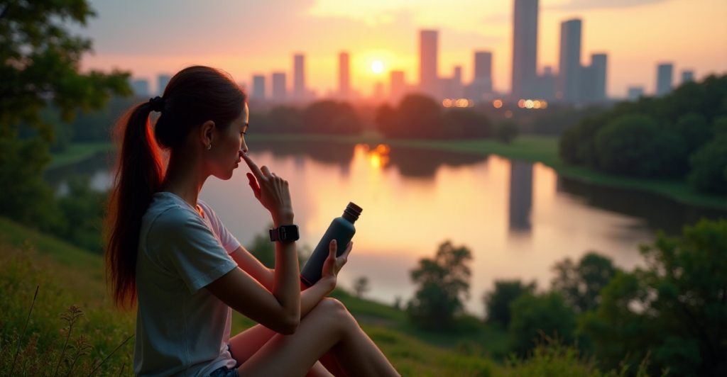 "A young woman sits on a hill overlooking a serene lake at sunset, wearing a sleek smartwatch and eco-friendly water bottle, surrounded by lush greenery and futuristic cityscape."