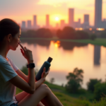 "A young woman sits on a hill overlooking a serene lake at sunset, wearing a sleek smartwatch and eco-friendly water bottle, surrounded by lush greenery and futuristic cityscape."