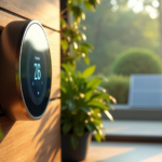 "Green Tech for a Sustainable Tomorrow: Top Energy-Efficient Devices and Gadgets" A sleek silver smart thermostat on a reclaimed wood wall in a modern living room with lush greenery and natural light, surrounded by energy-harvesting solar panels and a state-of-the-art eco-friendly environment showcasing top gadgets for sustainable tomorrow excluding 5G connectivity devices.