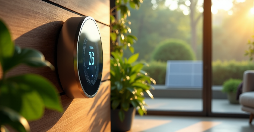 A sleek silver smart thermostat on a reclaimed wood wall in a modern living room with lush greenery and natural light, surrounded by energy-harvesting solar panels and a state-of-the-art eco-friendly environment showcasing top gadgets for sustainable tomorrow excluding 5G connectivity devices.