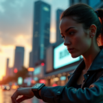 "Revolutionizing Connectivity: The Future of Wearable Tech" A young woman wearing a sleek silver smartwatch with high-resolution touchscreen display navigates through a bustling cityscape at sunset, exuding confidence and empowerment amidst modern life complexities.