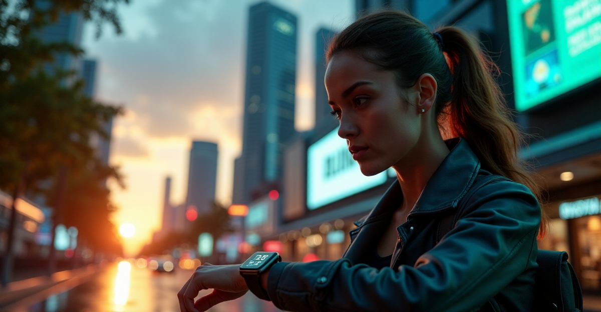 A young woman wearing a sleek silver smartwatch with high-resolution touchscreen display navigates through a bustling cityscape at sunset, exuding confidence and empowerment amidst modern life complexities.