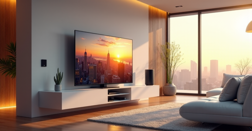 "A modern living room featuring a 65-inch smart TV displaying a futuristic cityscape at sunset, surrounded by cutting-edge AI automation devices in a sophisticated, high-tech setting."