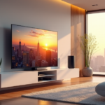 "A modern living room featuring a 65-inch smart TV displaying a futuristic cityscape at sunset, surrounded by cutting-edge AI automation devices in a sophisticated, high-tech setting."