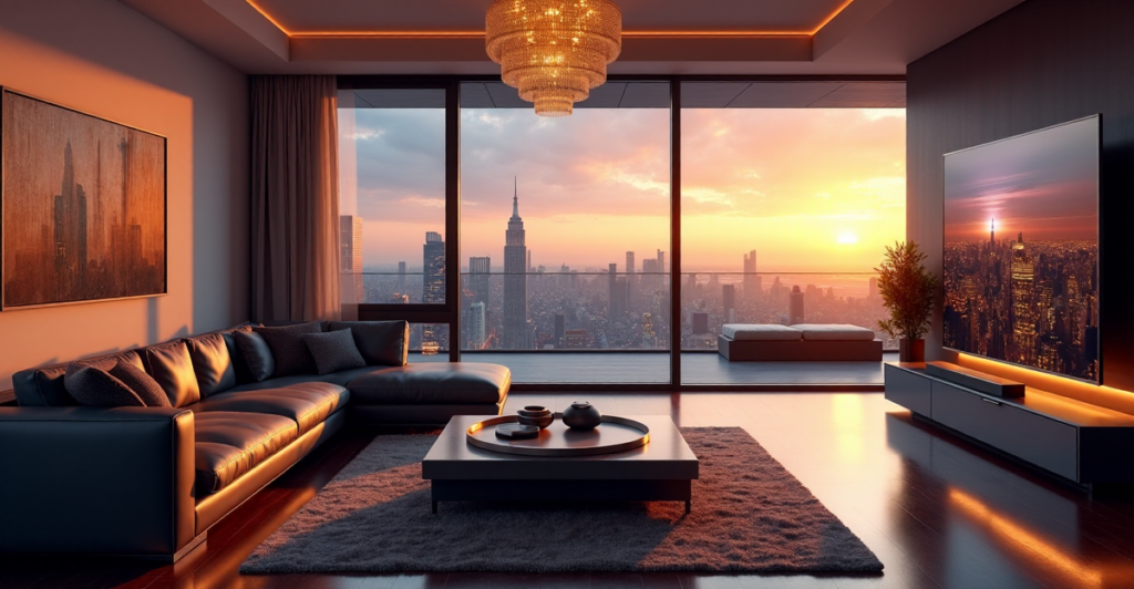 "A modern living room with an 85-inch 8K OLED TV as central focus, featuring AI-powered smart home system and top 5G connectivity gadgets 2025, amidst a vibrant cityscape at sunset."
