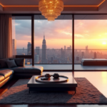 "A modern living room with an 85-inch 8K OLED TV as central focus, featuring AI-powered smart home system and top 5G connectivity gadgets 2025, amidst a vibrant cityscape at sunset."