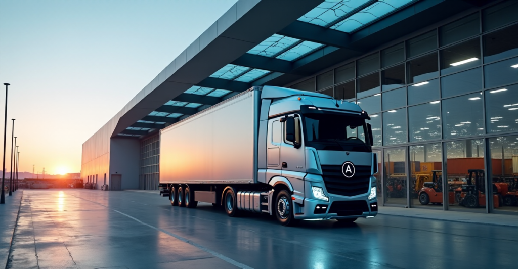 "A sleek silver logistics truck parked on a modern loading dock with AI-powered automation symbol, LED tracking lights, and robotic forklifts in a high-tech warehouse with top 5G connectivity gadgets."