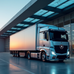 "A sleek silver logistics truck parked on a modern loading dock with AI-powered automation symbol, LED tracking lights, and robotic forklifts in a high-tech warehouse with top 5G connectivity gadgets."