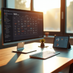 "Maximize Office Efficiency with Smart Tech Tools That Work for You" "An organized office workspace with a modern desk, featuring high-end devices showcasing a calendar view and digital to-do list, highlighting top 5G connectivity gadgets in a calm and productive environment."