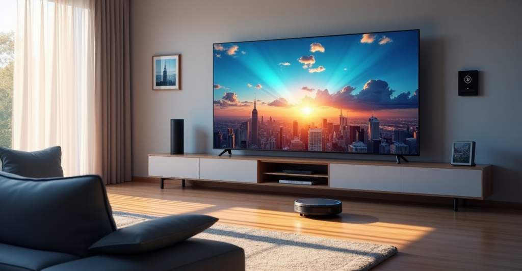 "A modern living room with a large smart TV displaying a cityscape at sunset, surrounded by AI automation devices and gadgets, showcasing top 5G connectivity features."