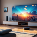 "A modern living room with a large smart TV displaying a cityscape at sunset, surrounded by AI automation devices and gadgets, showcasing top 5G connectivity features."