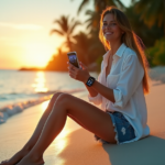 "A young woman relaxes on a serene beach at sunset, surrounded by lush greenery, with cutting-edge technology integrated into her peaceful lifestyle."