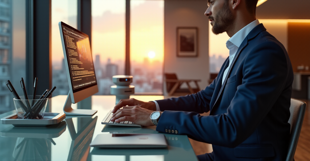 "An executive sits at a glass desk surrounded by cutting-edge smart gadgets and AI tools in a modern office space with natural light pouring through floor-to-ceiling windows."