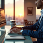 "Maximize Office Efficiency with Smart Gadgets and AI Automation" "An executive sits at a glass desk surrounded by cutting-edge smart gadgets and AI tools in a modern office space with natural light pouring through floor-to-ceiling windows."