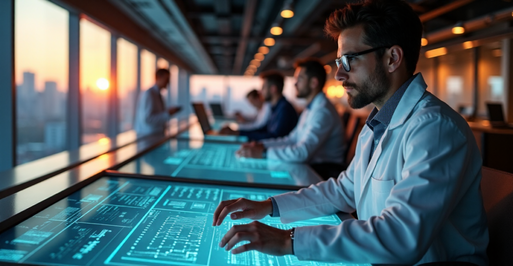 "A futuristic control room with engineers monitoring cutting-edge gadgets, including 5G-enabled smartphones and AI-powered robots, amidst a modern office space."