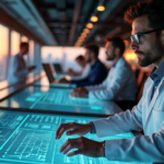 "A futuristic control room with engineers monitoring cutting-edge gadgets, including 5G-enabled smartphones and AI-powered robots, amidst a modern office space."