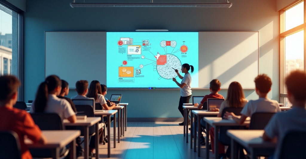 "A modern classroom scene featuring a sleek Smart Board at its center, surrounded by engaged students interacting with cutting-edge technology."