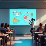 "A modern classroom scene featuring a sleek Smart Board at its center, surrounded by engaged students interacting with cutting-edge technology."