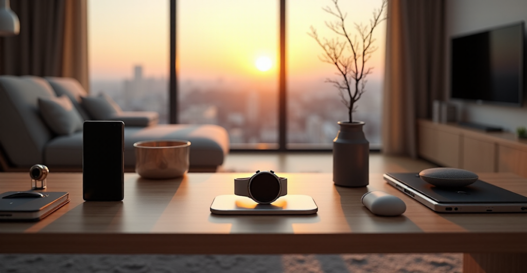 "A serene living room featuring cutting-edge gadgets and innovations, centered around a sleek smartwatch on a minimalist desk."