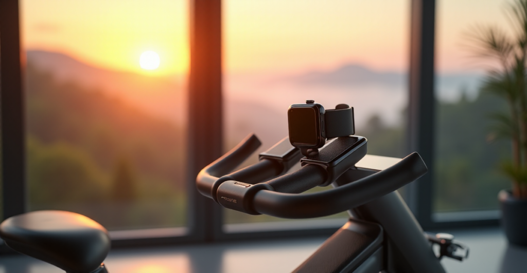 "A cutting-edge smartwatch on a modern exercise bike in a well-lit home gym with serene outdoor views."