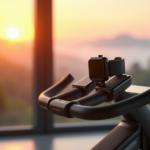 "A cutting-edge smartwatch on a modern exercise bike in a well-lit home gym with serene outdoor views."
