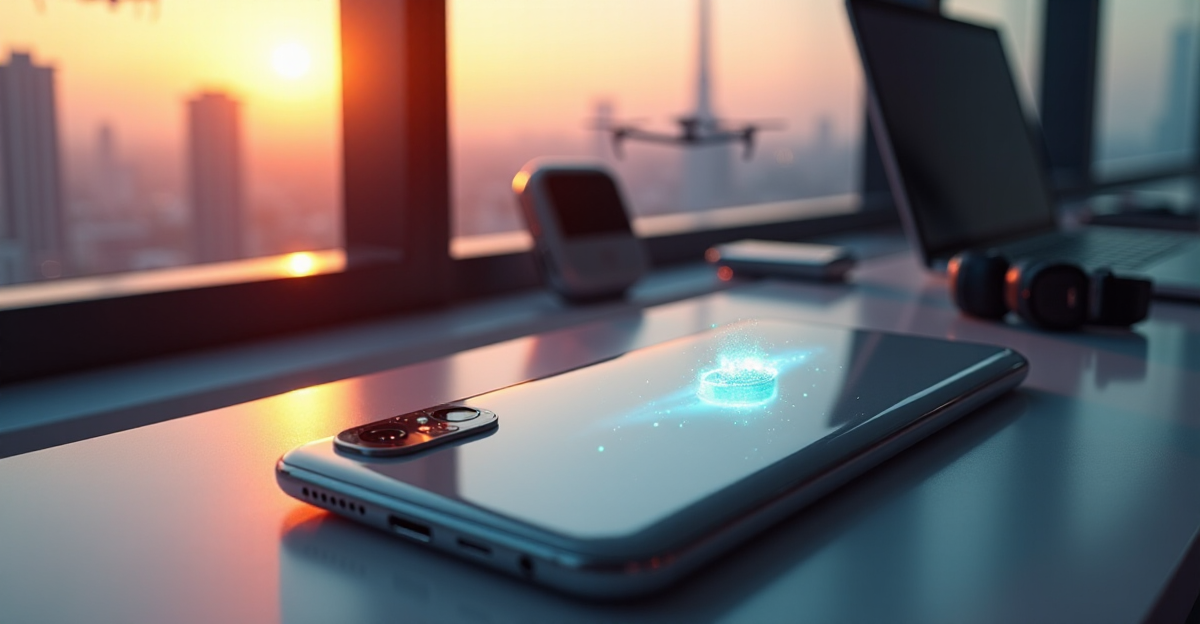 A sleek silver smartphone on a minimalist desk surrounded by cutting-edge gadgets in a futuristic laboratory with a breathtaking cityscape view at sunset.