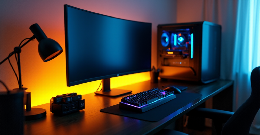 "A high-end gaming PC setup on a dark hardwood desk, featuring a matte-black aluminum case, curved 4K monitor, customizable keyboard, and precision mouse, with soft LED lighting creating a luxurious ambiance."