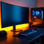 "A high-end gaming PC setup on a dark hardwood desk, featuring a matte-black aluminum case, curved 4K monitor, customizable keyboard, and precision mouse, with soft LED lighting creating a luxurious ambiance."