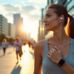 "A young woman wearing a silver smartwatch, wireless earbuds, and fitness tracker, showcasing top 5G connectivity gadgets in daily life."