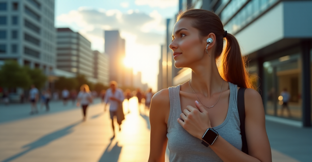 "A young woman wearing a silver smartwatch, wireless earbuds, and fitness tracker, showcasing top 5G connectivity gadgets in daily life."