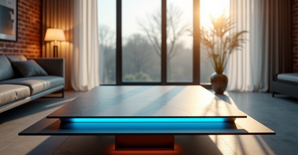 "Image of a modern living room with a sleek LED light panel emitting soft blue glow, surrounded by minimalist decor and natural light."