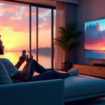 A man sits on a cream-colored couch in a modern living room with floor-to-ceiling windows offering a serene lake view at sunset, using high-tech gadgets including a silver smartphone and wireless earbuds while watching virtual reality on a 4K TV.