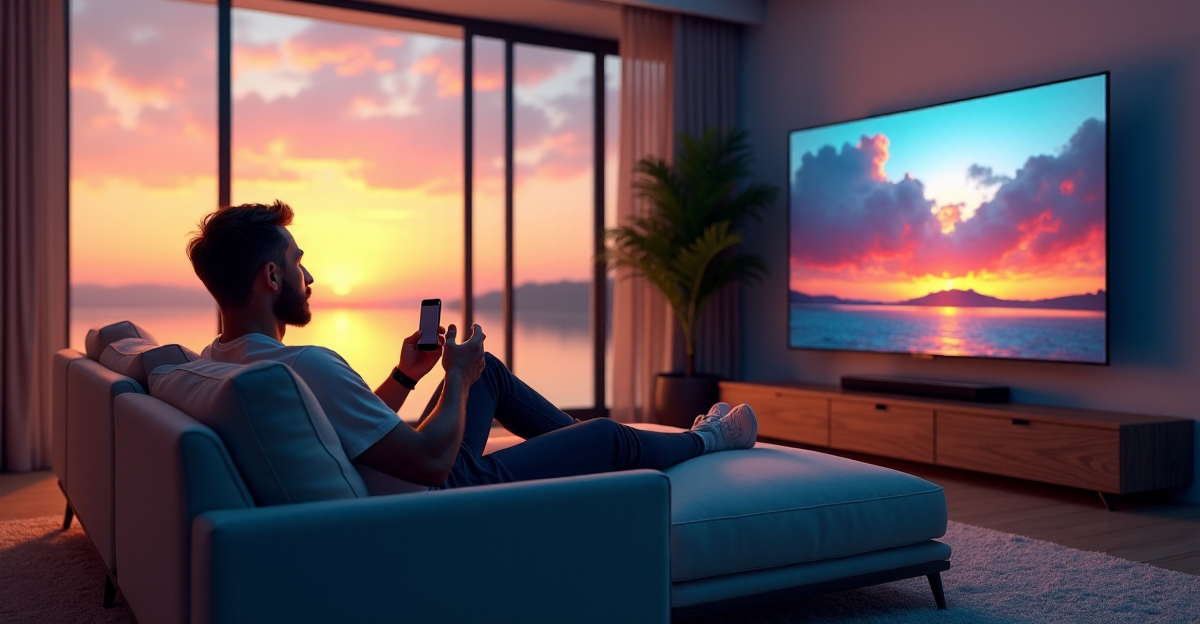 A man sits on a cream-colored couch in a modern living room with floor-to-ceiling windows offering a serene lake view at sunset, using high-tech gadgets including a silver smartphone and wireless earbuds while watching virtual reality on a 4K TV.